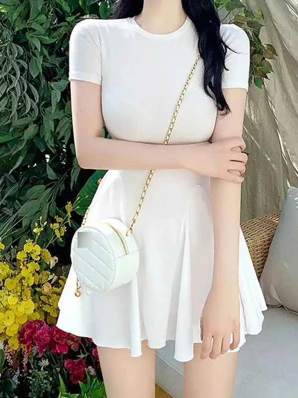 WOMENGAGA Witte Jurk Korea Slanke Sexy Vrouwelijke Verstoorde Ronde Hals Korte Mouw T-shirt Jurk Voor Vrouwen Mode Zomer CKI2