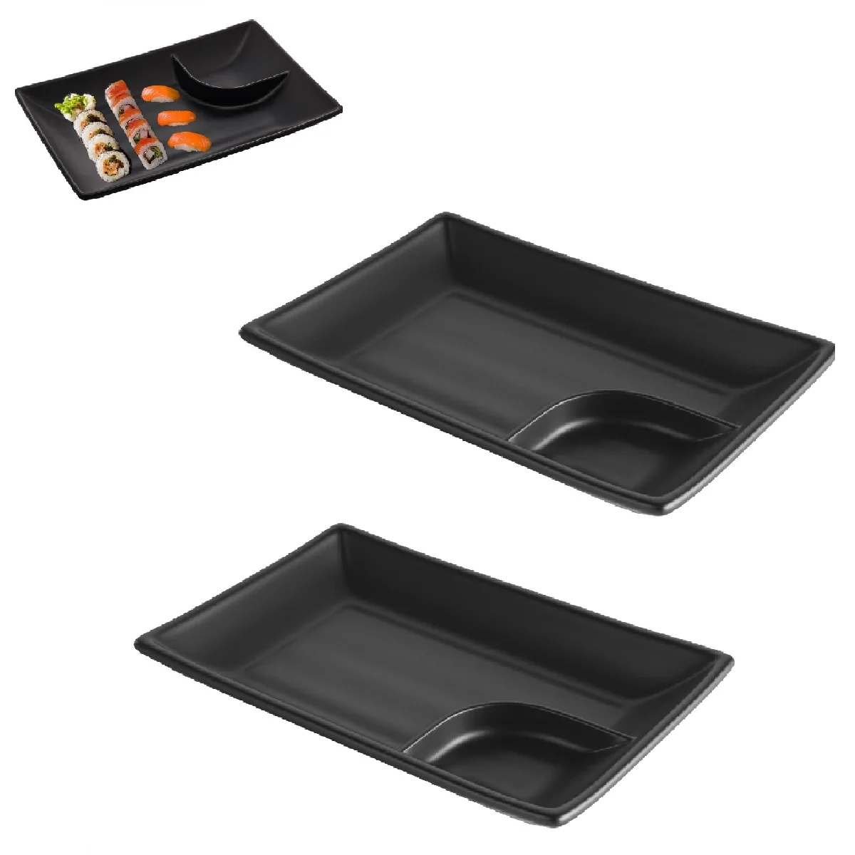 2 Dishes Oriental in Melamine with Black Ditch 19cm Sushi