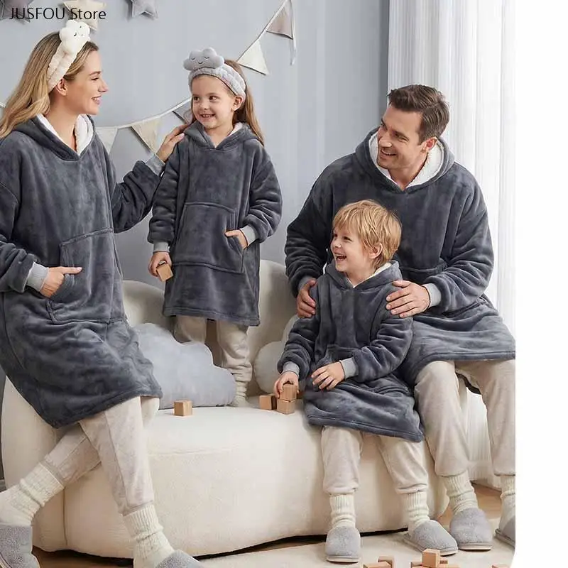 Autumn Winter Flannel Fleece Lined Thick Warm Home Robes, Cartoon Print Sleepwear Kids & Adults Family Hooded Robe