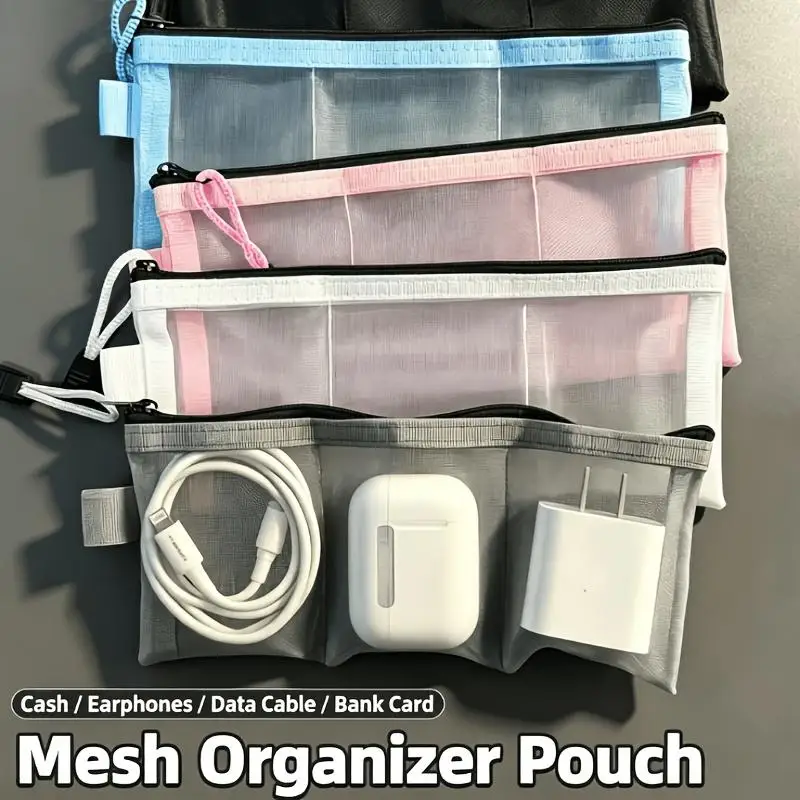 Transparent Mesh Storage Pouches With 3-Multiple Compartments For Organizing Cards Cables Coins For Daily Commute Travel