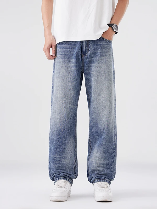 

Waed Light Blue Men's Jeans Straight Leg Loose Casual Versatile Large Size High End Pants Autumn Season Cotton Stretch Denim
