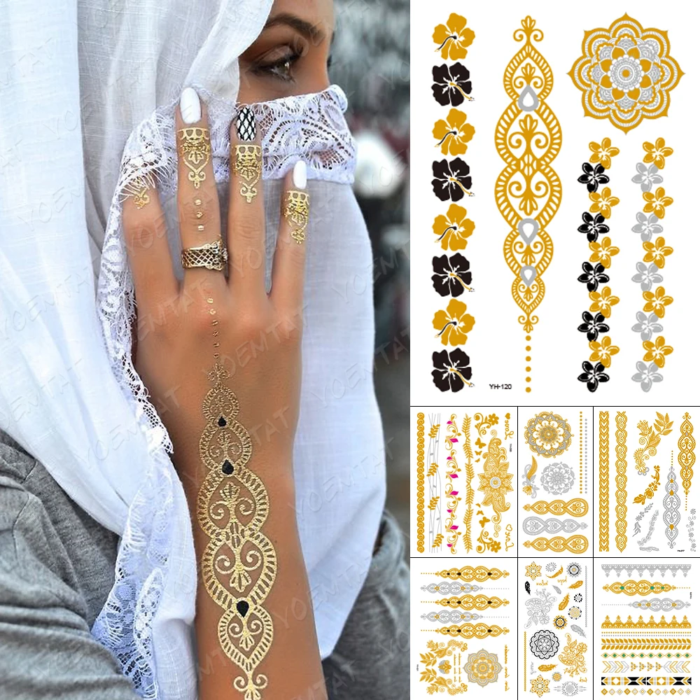 

Waterproof Temporary Tattoo Sticker Mandala Henna Gold Silver Metallic Flash Tatoo Boho Flower Bracelet Jewelry Glitter Body Art