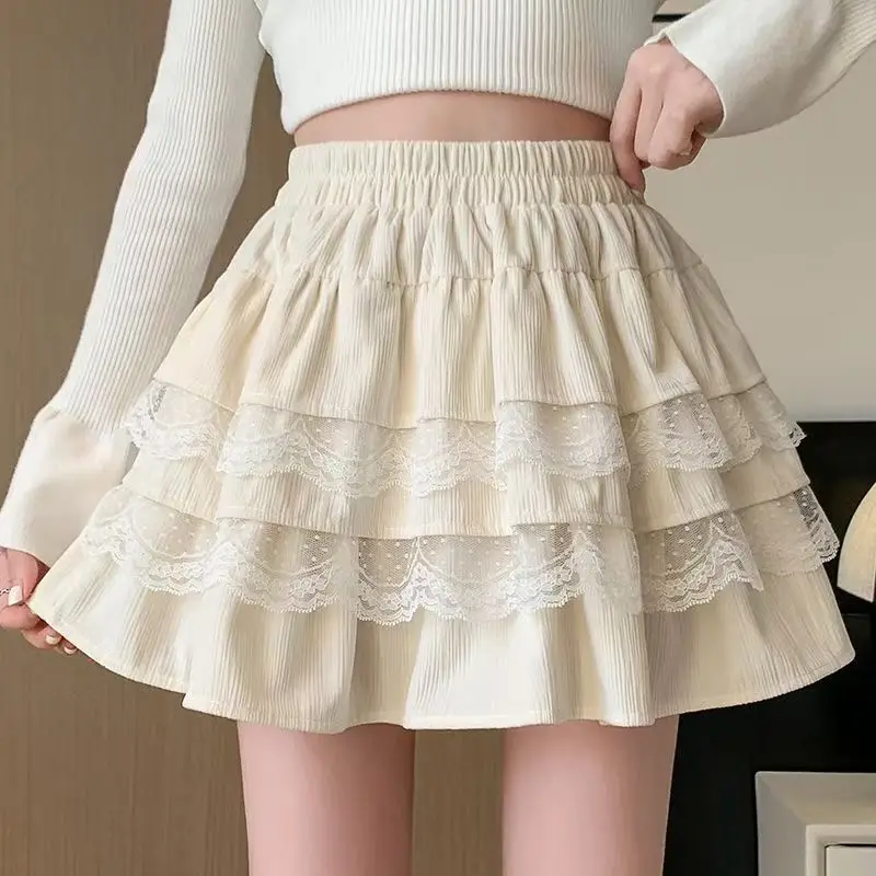 Korean Elegant Lace Patchwork Mini Skirts Women High Waist Sweet Sexy Cake Skirts Casual Preppy Style Female Dance Skirt