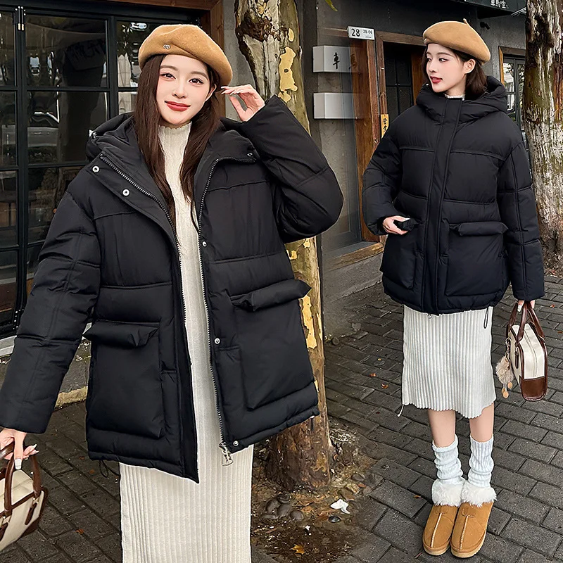 Women Thick Parkas Zipper Button Hooded Coat Loose Solid Jackets Pockets Jacket Elegant Lady Casual Warm Autumn Winter 2025
