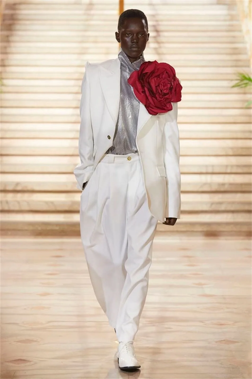 

White Men Suits 2 Piece Blazer+Loose Pants 3D Flower Luxury Prom Wedding Tuxedo Coat Custom Made Formal Office Jacket Trousers