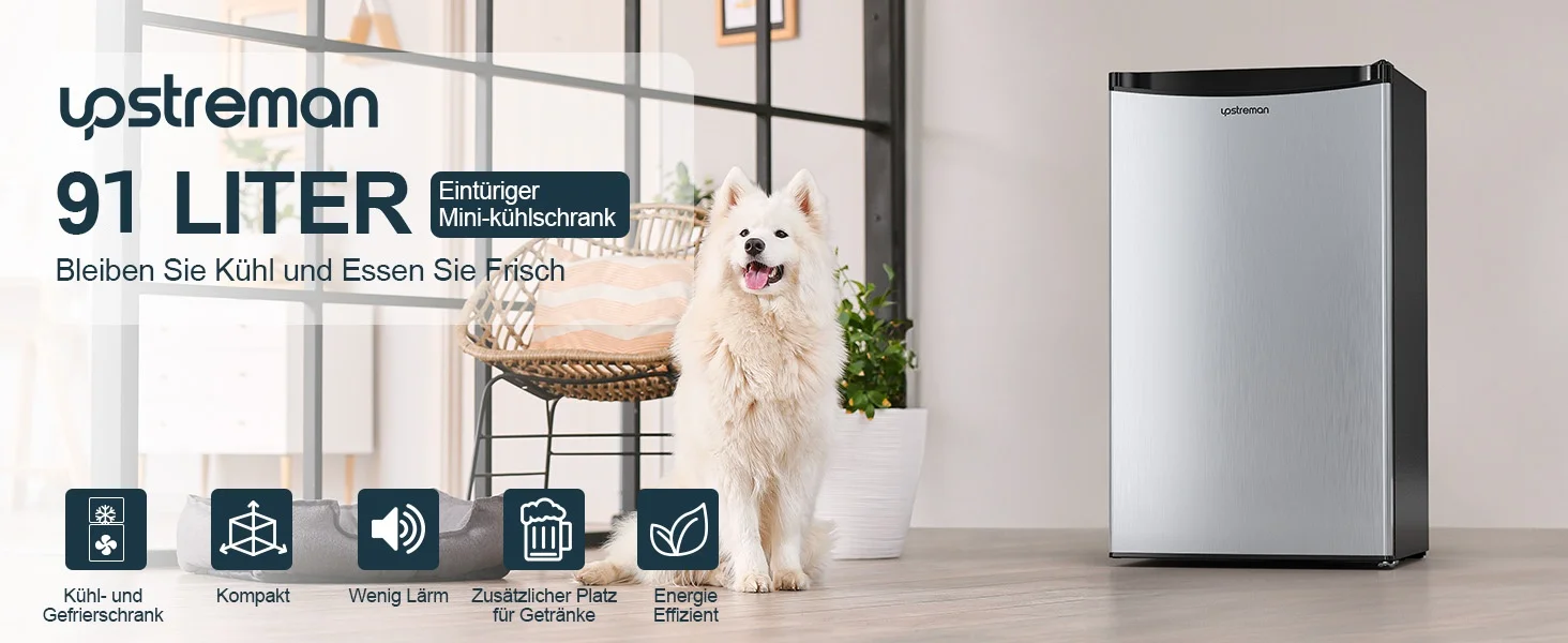 Ostreman 91-Liter-Kühlschrank mit Edelstahloberfläche. Zu den Merkmalen gehören eine einstellbare Temperatur, ein geräuscharmer Betrieb und Energieeffizienz. Ein weißer Hund sitzt in der Nähe auf einem geflochtenen Stuhl.