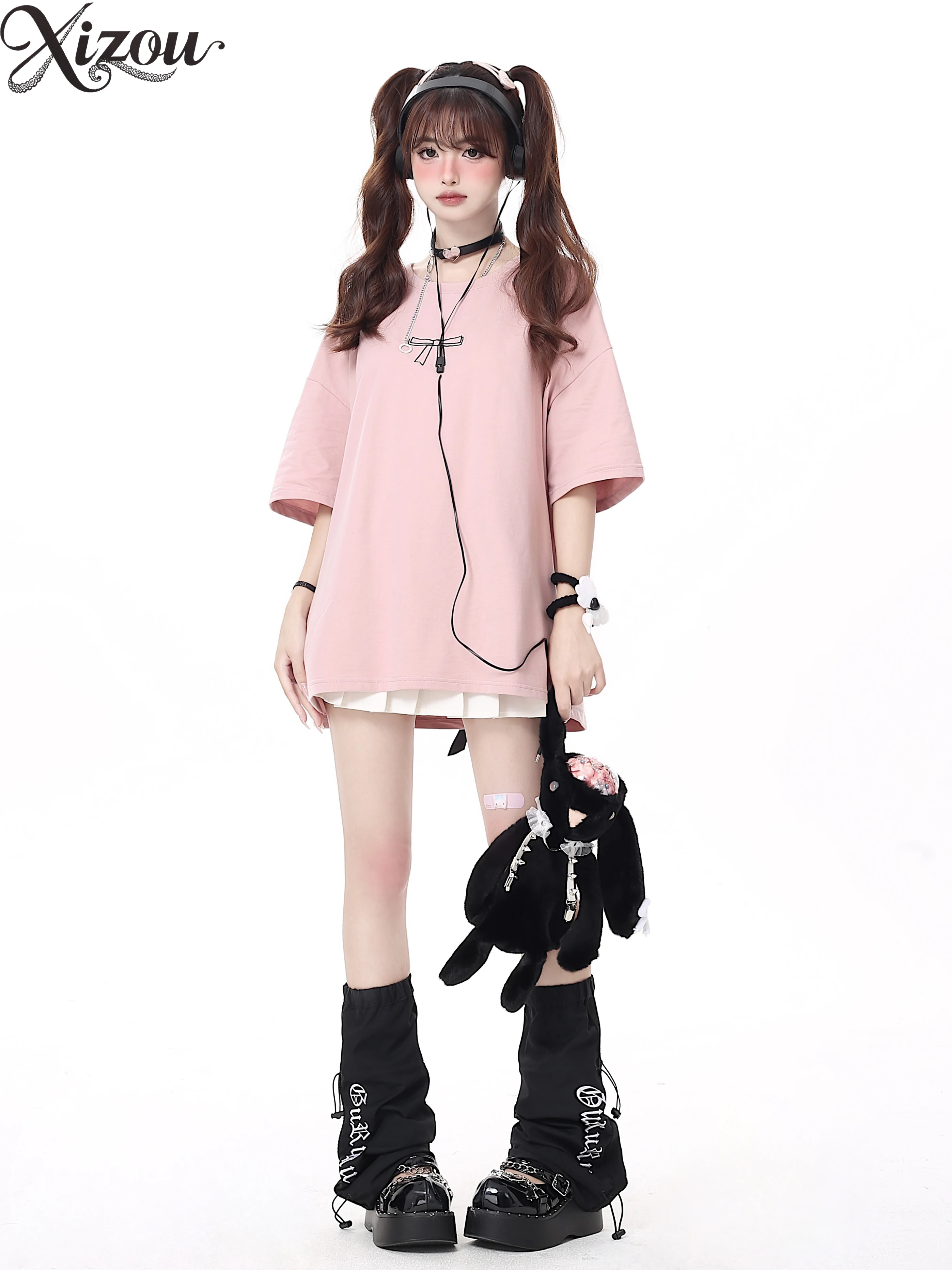 

Bow Tie T-shirt Women 2025 Summer Loose Length Sweet Cool Tee Japanese Y2K Bandage T-shirt Women Sweet Mine Summer Casual Tee