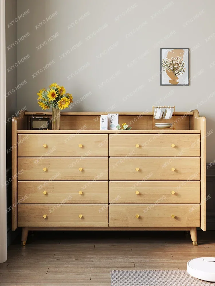 Nordic Solid Wood Chest of Drawers Rattan Tea Cabinet Living Room Wall Locker