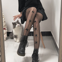 Black White Bow Girls Tights Hollow Out Transparent Slim Fishnet Pantyhose Party Club Mesh Stockings with Bow Tie Summer Socks