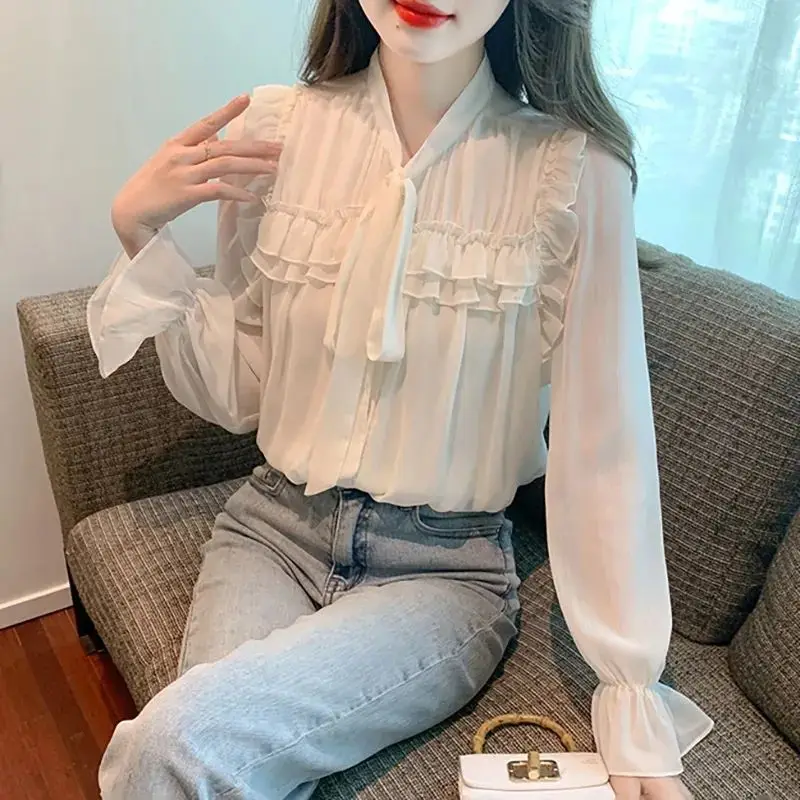 2023 New Women\'s Clothing Sweet Elegant Trend Sexy Autumn Thin Fashion Loose Solid V-neck Long Sleeve Patchwork Pleated Blouses