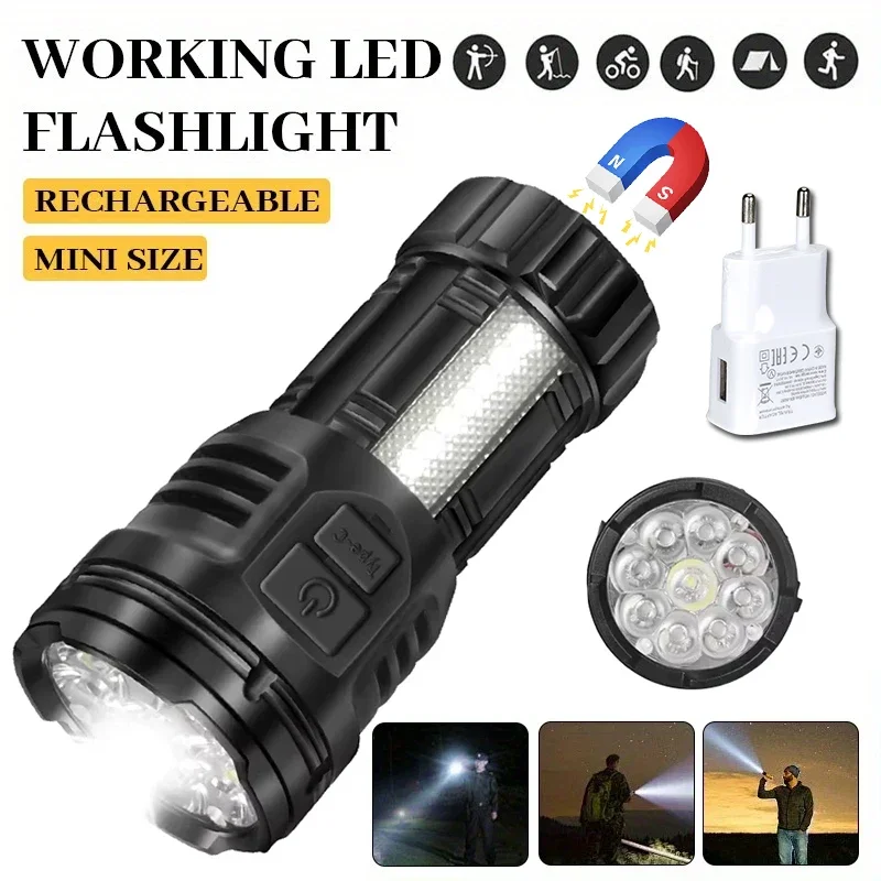 

Мини-светодиодный мощный фонарик дальнего действия, перезаряжаемая карманная лампа с магнитом, портативный фонарь для кемпинга, пешего туризма
