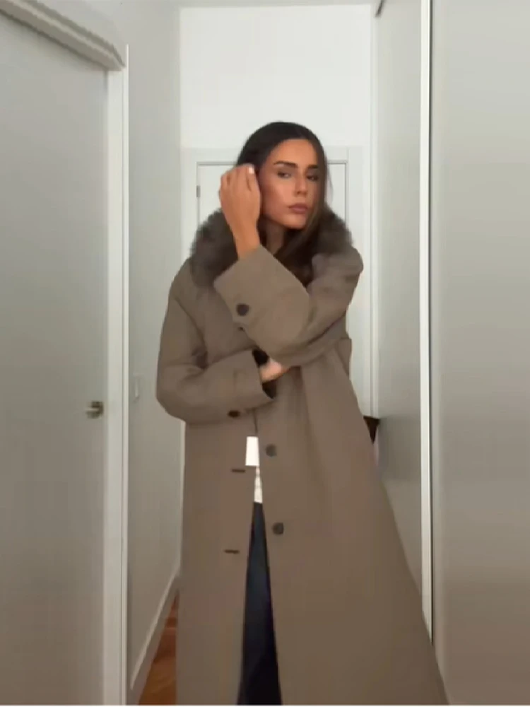 

Army Green Vintage Warm Jackets Lapel Check Sleeve Straight Coat Detachable Fur Collar Double-Sided Coat Winter Female Outerwear