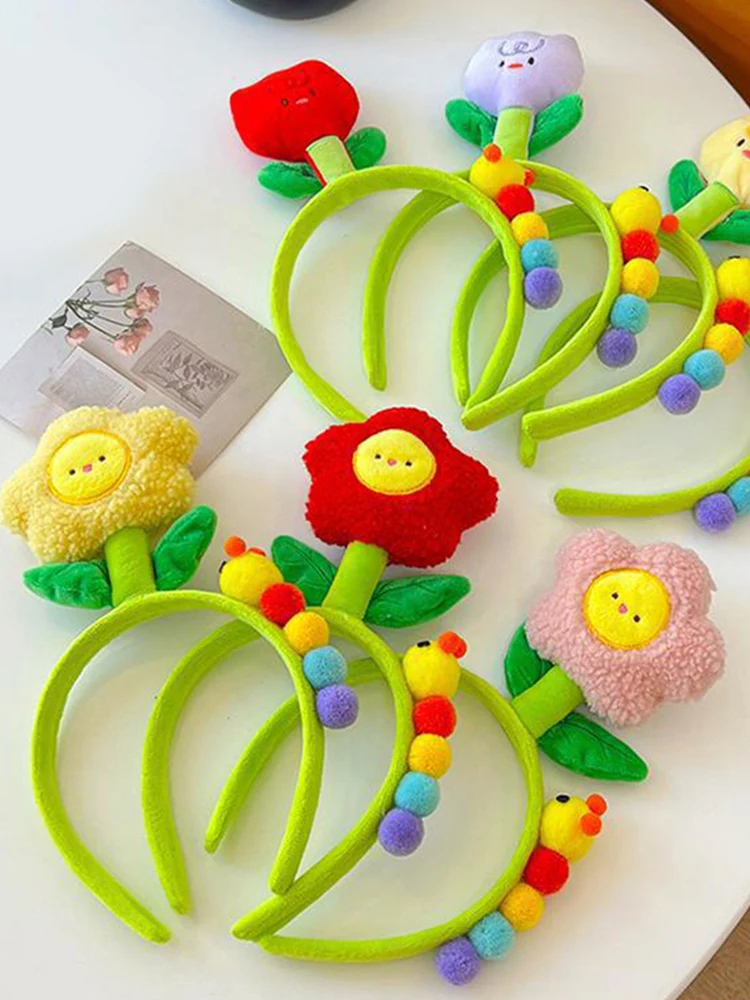 Cartoon Caterpillar Flower Headband Plush Cloth Colored Flower Hair Hoop For Children Girls Headpiece Wash Face Hair Accessories