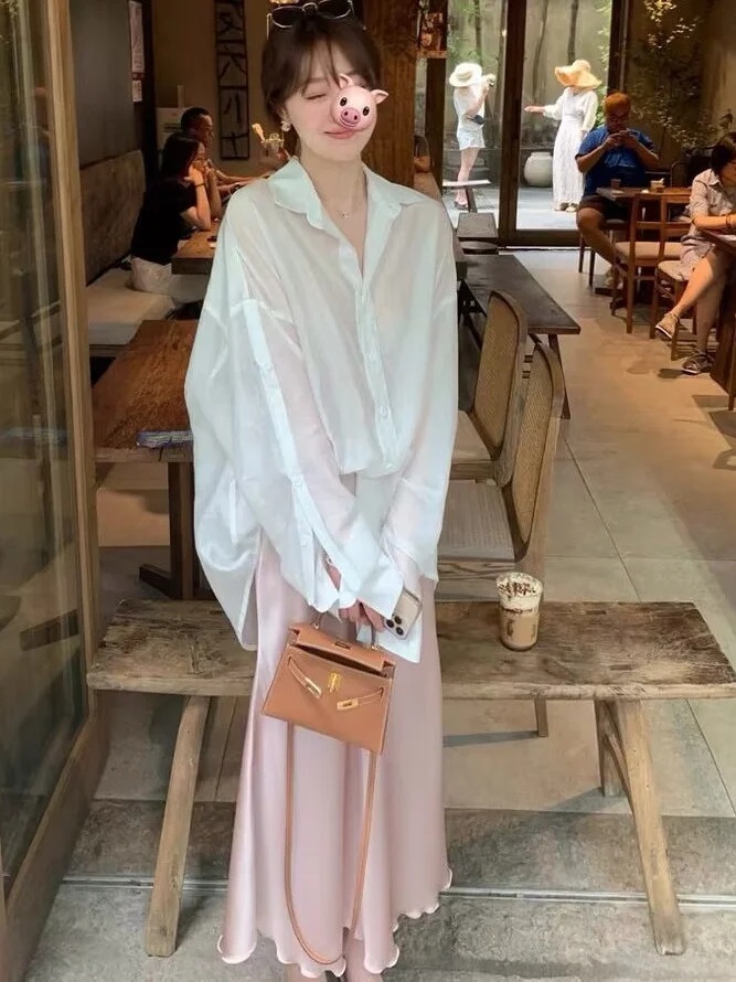 

plus Size 300 Pou Women's Ele Loose A-Line Midi Skirt Silk Luster Summer Casual High Waist Korean Sle f Body Skirt