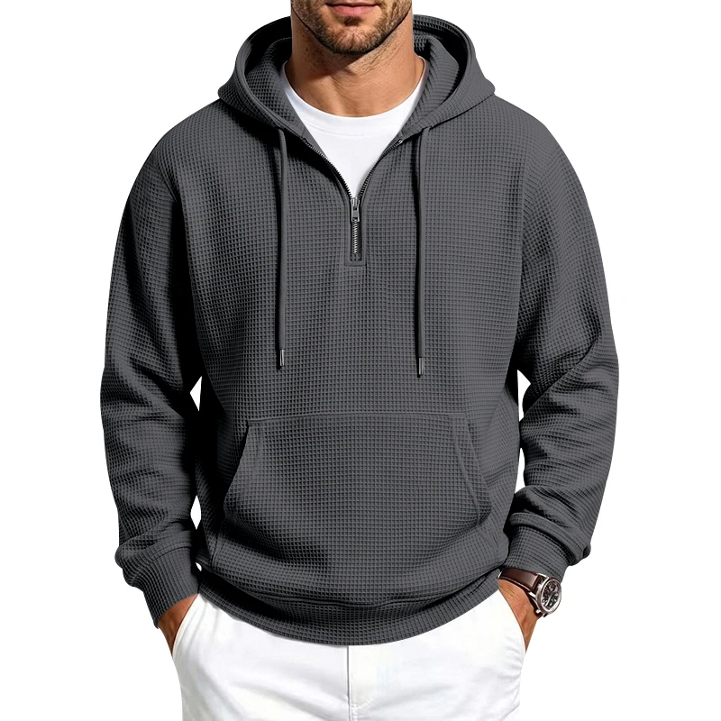 Herren Frühling und Herbst Einteiliger Waffel-Strick 1/4 Reißverschluss Lässiger Loser Kapuzenpullover, Geeignet für den Täglichen Gebrauch – Detail 18