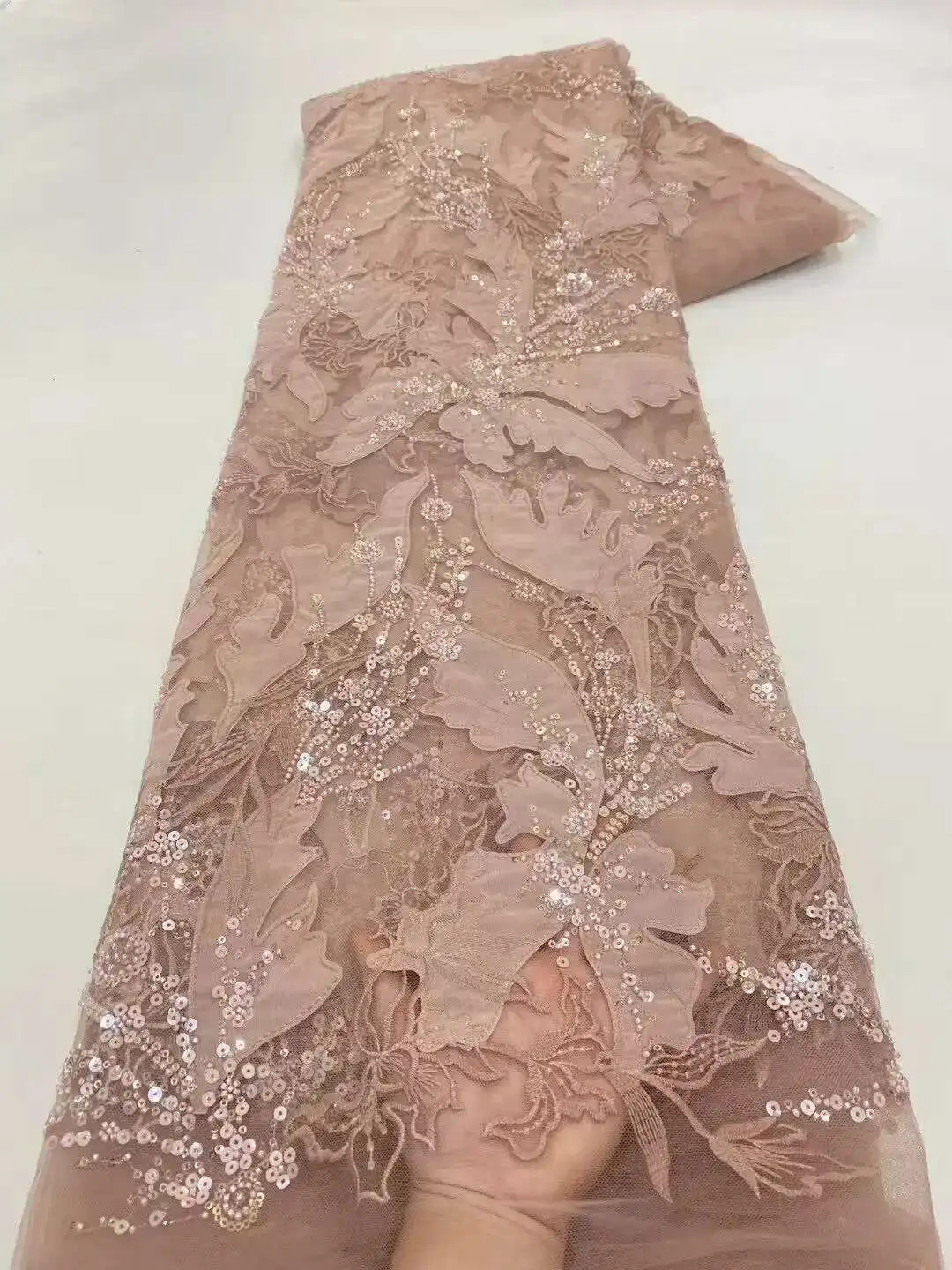 

5yards African Sequins Beaded Lace Fabrics 2025High Quality Embroidery French Nigerian Lace Fabric For Wedding Sewing Material