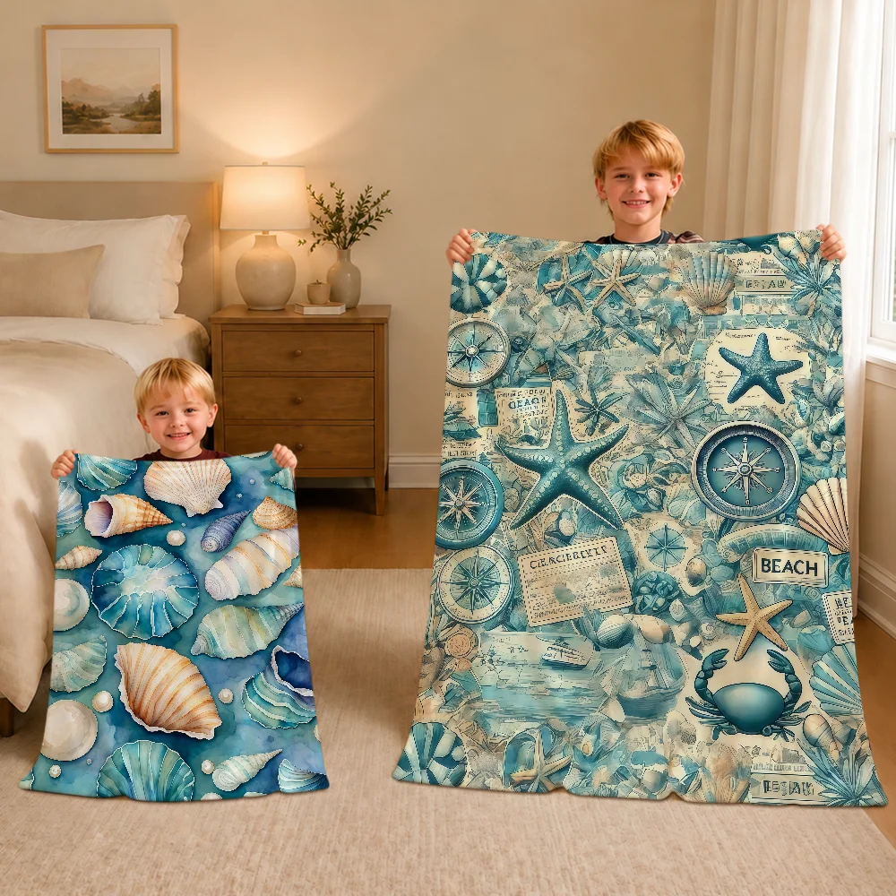 Vintage Art Fashion Modern Starfish Shell Beach Warm Soft Plush Blanket For Sofa Living Room Nap Home Bedroom Gift Flannel Hogar