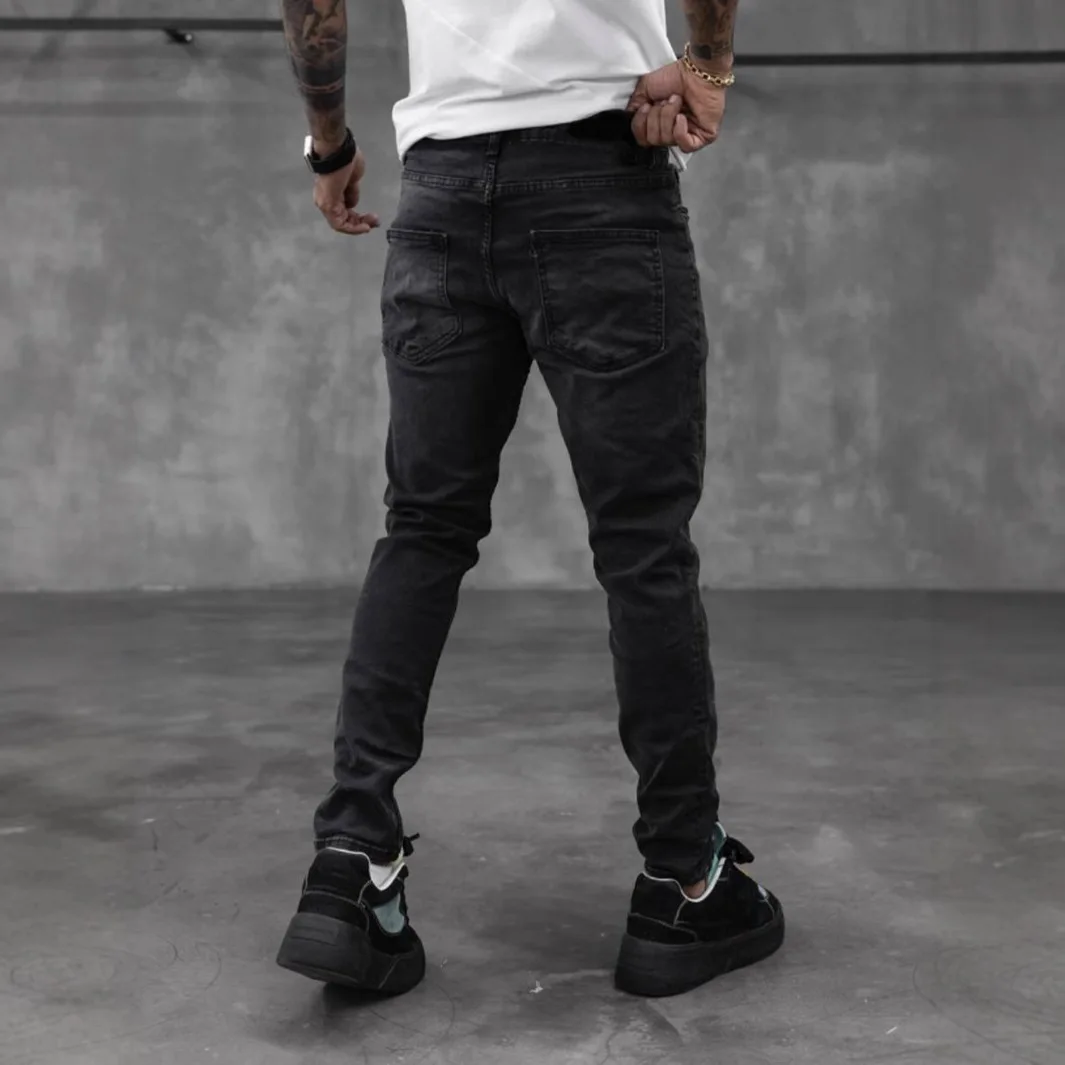 Trendy Brand Men's Slim-fitting Fashion High Street Simple Elastic Small Foot Jeans