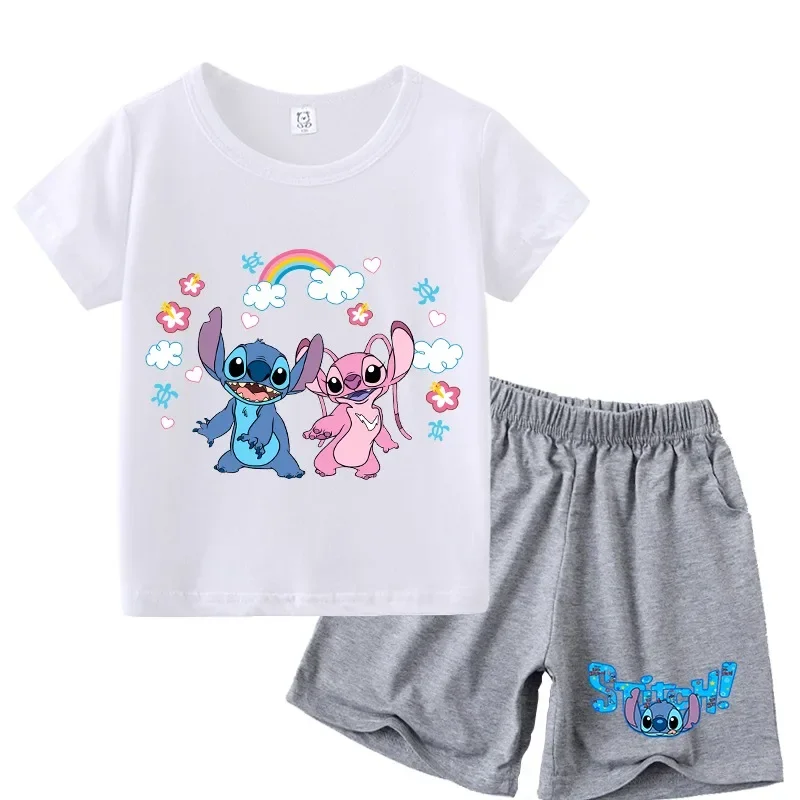 Lilo & Stitch Children's Short-sleeved Suit DisneyT-shirt Set Cartoon Character Print Boy Girl Clothes Sweat-wicking Breathable