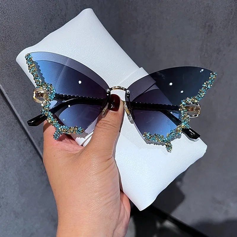 Luxury Diamond Butterfly Sunglasses Women Brand  Vintage Rimless Oversized Sun Glasses Ladies Eyewear