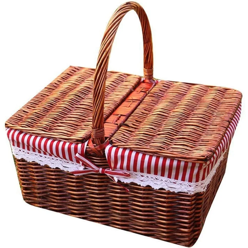 

Handmade Rattan Wicker Picnic Basket. Ideal for Beach, Holiday, Camping. Features a Cover for Food Storage.