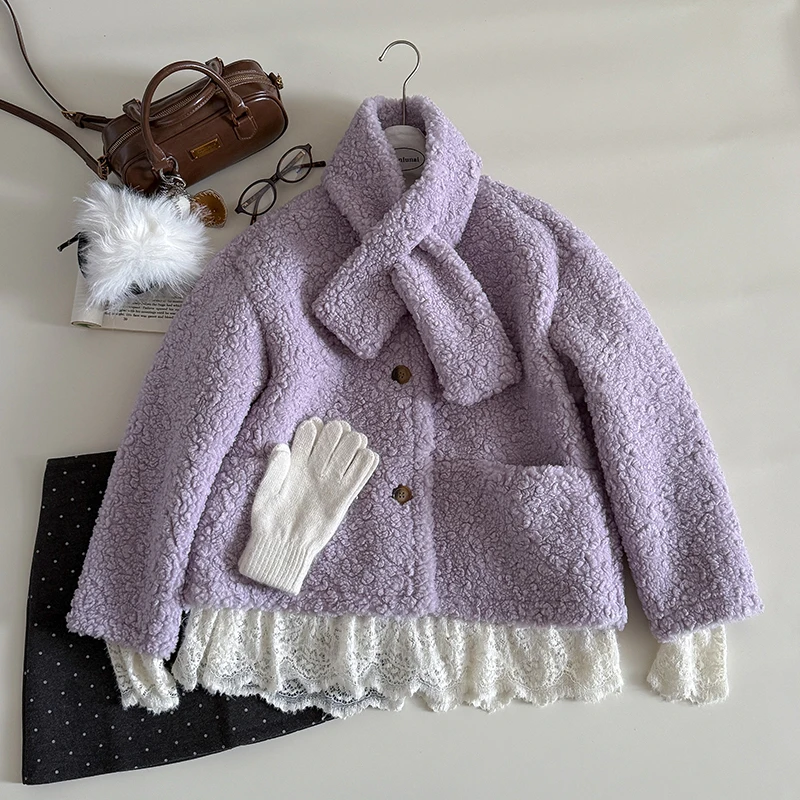 

Scarf Lace Fake Two Piece Fleece Jacket for Women 2025 New Autumn and Winter High-end Loose Long Sleeved Warm Coat Female Tops