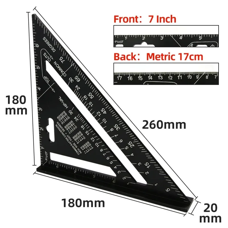 Triangle Ruler 7Inch Measurement Tool Aluminium Alloy Carpenter Set Square Angle Woodworking Tools Try Square Triangular Metric