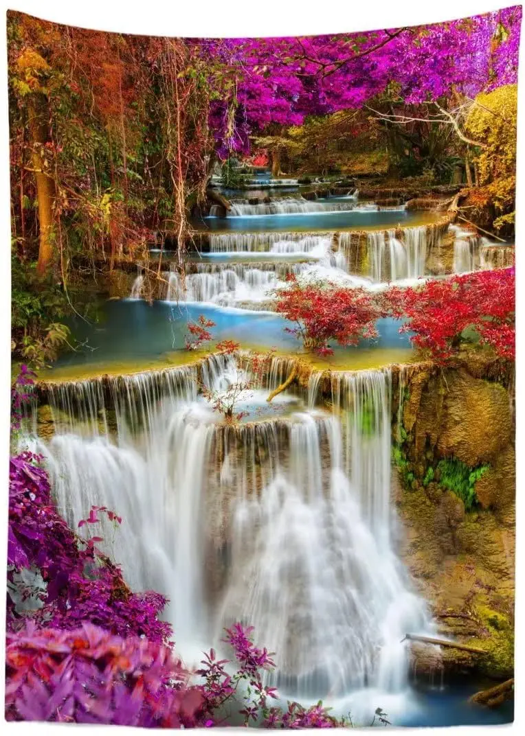 Autumn Forest Tapestry Mountain Small Waterfall Tapestry Wall Hanging Rock Stones Stream Yellow Trees Scenic Backdrop Nature