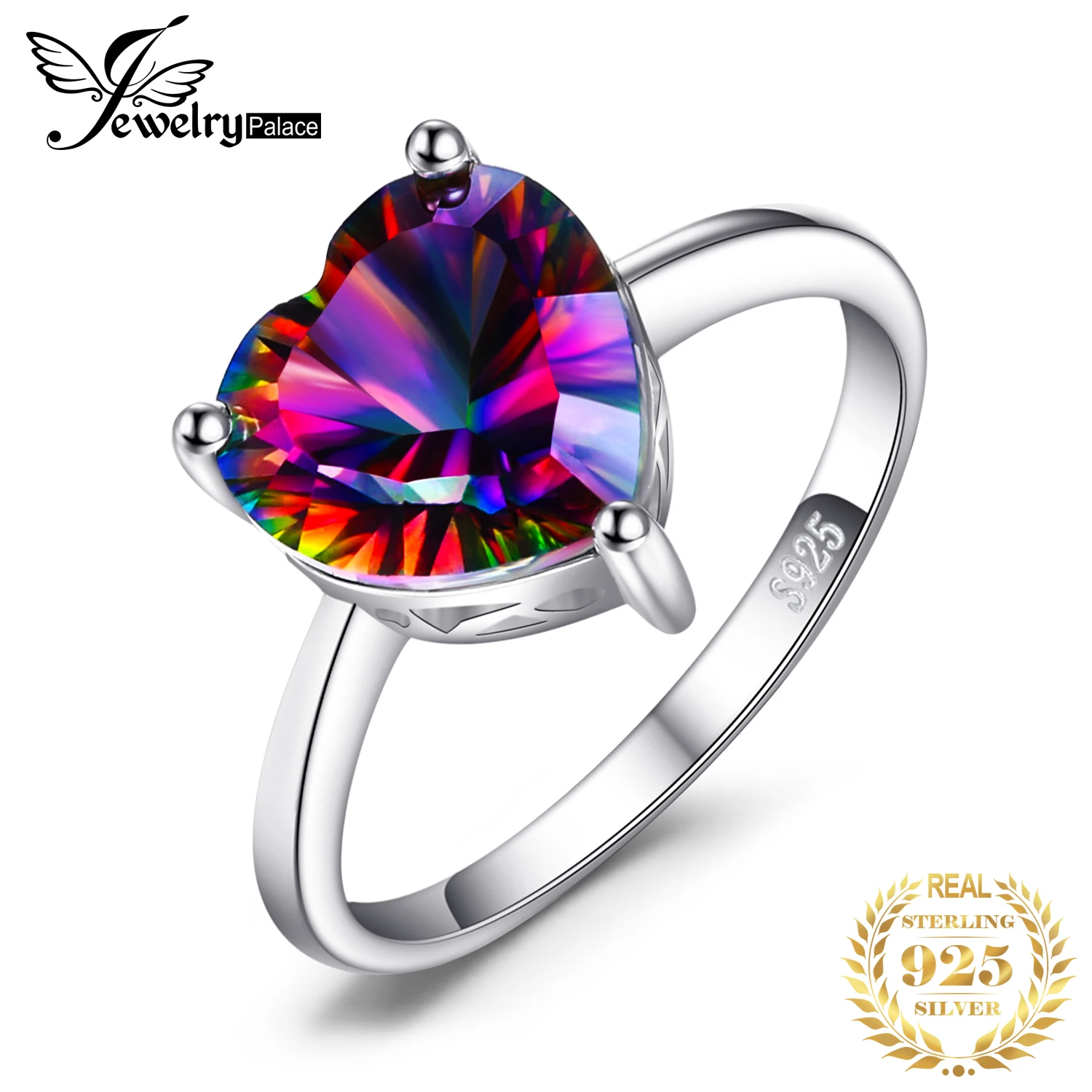 JewelryPalace Heart Natural Rainbow Mystic Quartz Solitaire 925 Sterling Silver Rings Women Fashion Colorful Gemstone Jewelry