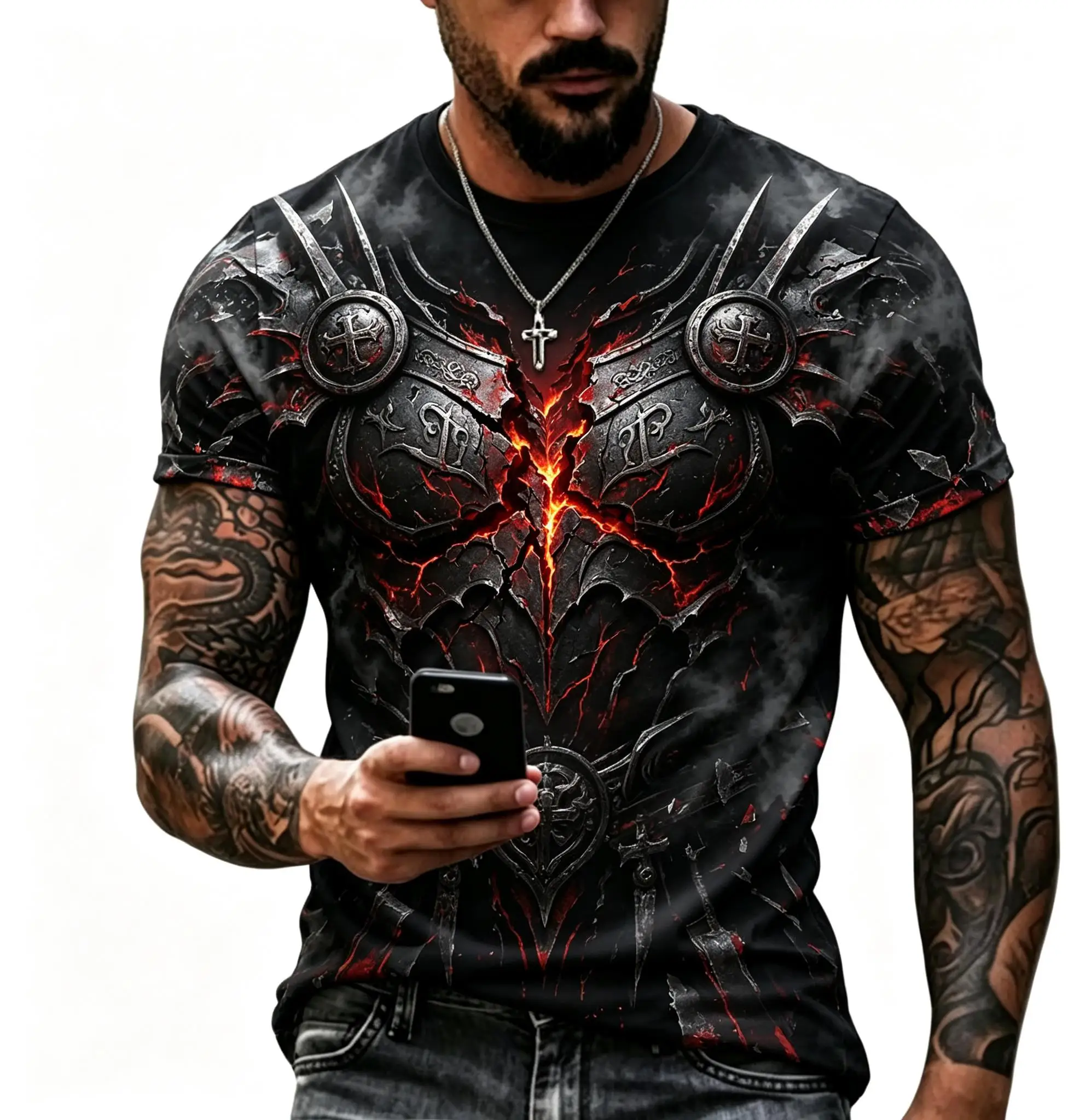 Men Fantasy Short Sleeve Tee, Medieval Knight Armor Phoenix Wing Allover Print Casual Top