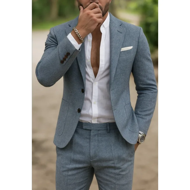 

Men's New England Style Casual Suit 2026 Spring New Solid Color Slim Fit Blazer Jacket Long Pants Two Piece Set with Big Pockets