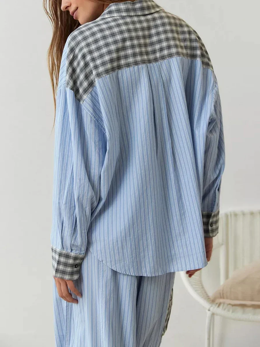 Women Retro Plaid Pajama 2 Piece Set Long Sleeve Button Shirt & Elastic Waist Pants Set Casual Sleepwear Loungewear Homesuit