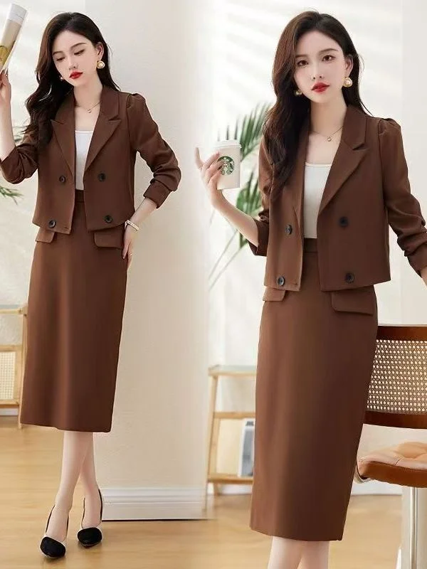 

High Waist Slim Fit Double Breasted Korean Style Women's Suit Set with Skirt Long Sleeve A-Line Midi Skirt Professional Women...