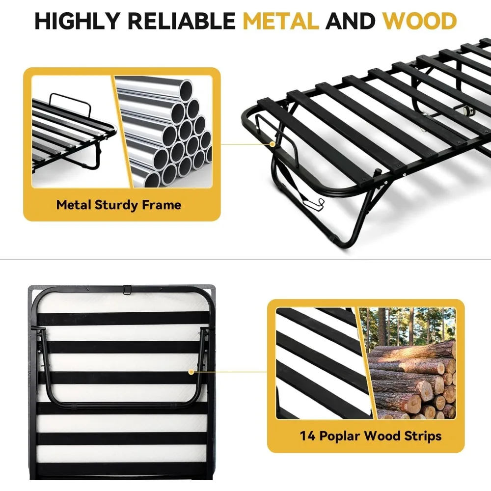 سرير قابل للطي مع مرتبة للبالغين، سرير قابل للطي بحجم واحد مع إطار معدني قوي وإطار خشبي، ضيوف قابل للطي، #2