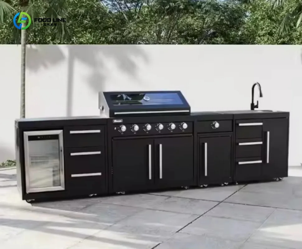 Luxury Minimalist BBQ Kitchen Island Stainless Steel Outdoor Set with Acrylic Sink Drawer Heavy Duty Hinge for Villa Customized
