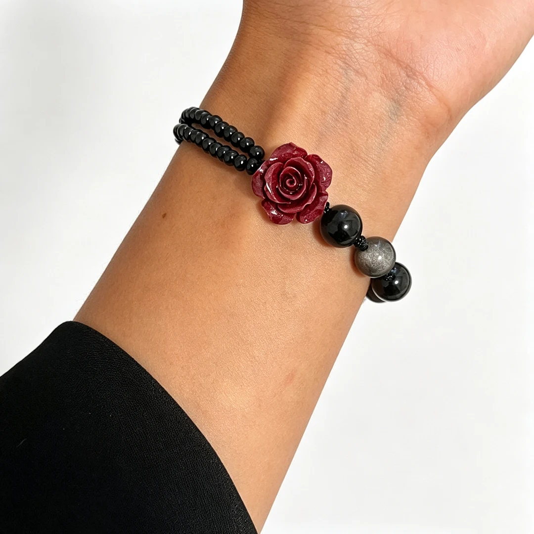 Vermilion Rose Bracelet Half-Layered with Silver Glory Stone Bracelet, an Absolutely Beautiful Gift for Your Girlfriend