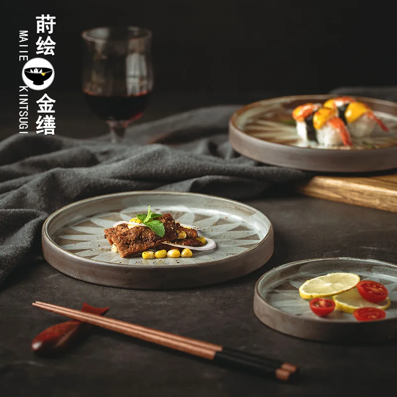 

Retro edge guard steak plate ceramic Japanese western food plate Jingdezhen creative tableware home hotel dish plate