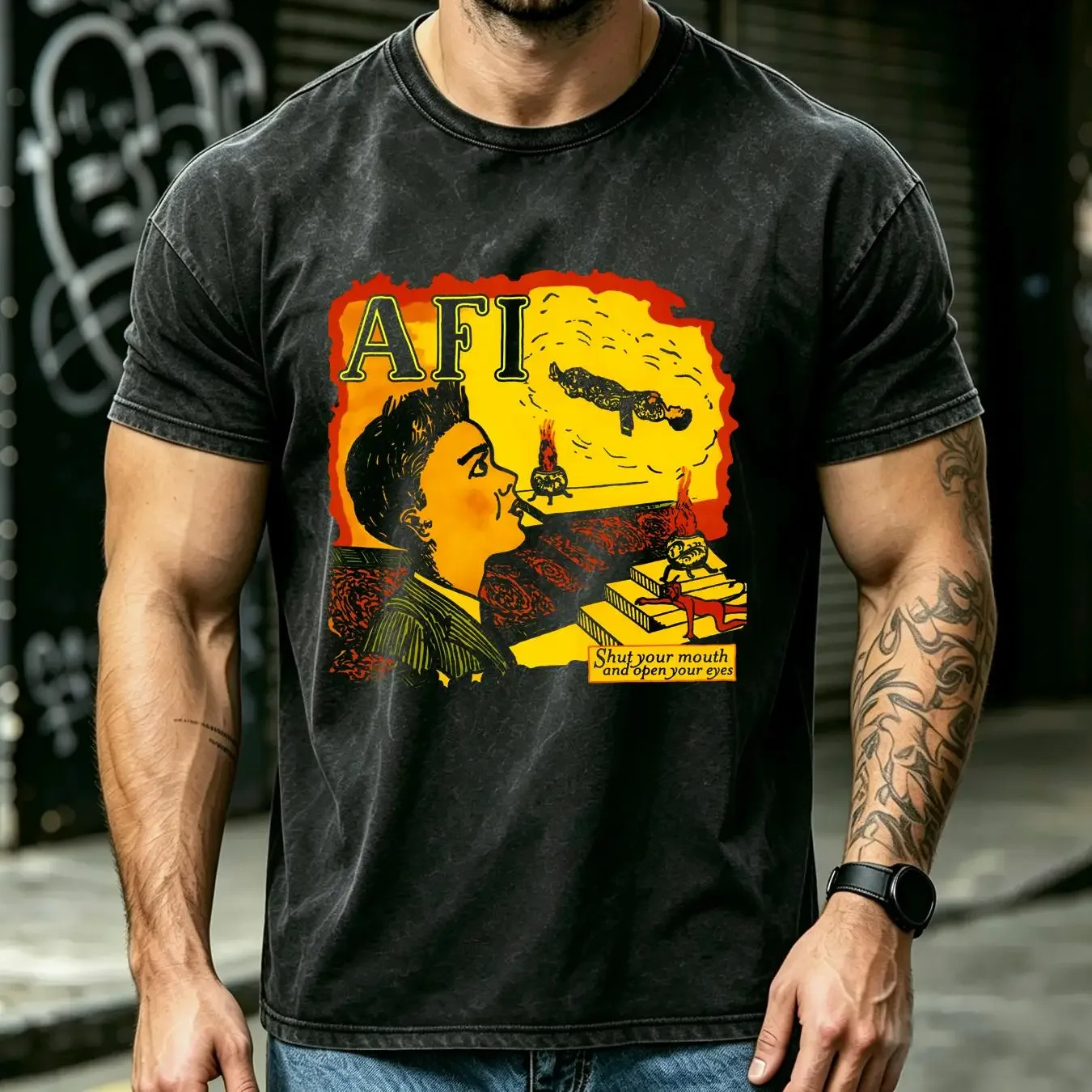 washed T Shirt AFI Shut Your Mouth and Open Eyes Cotton Men S 235XL 1CM2521 long or short sleeves vintage Washed Slightly