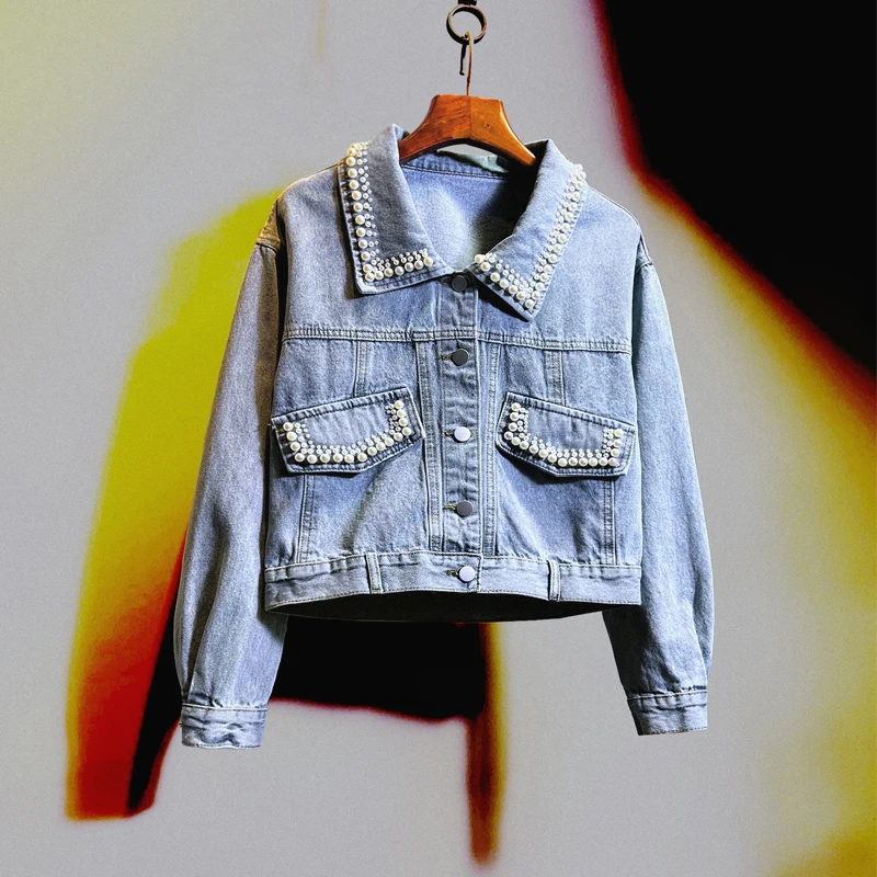 

Spring Harajuku Vintage Pearl Beaded Lapel Short Light Blue Denim Jacket Women Slim Single-breasted Long Sleeve Cowboy Outerwear