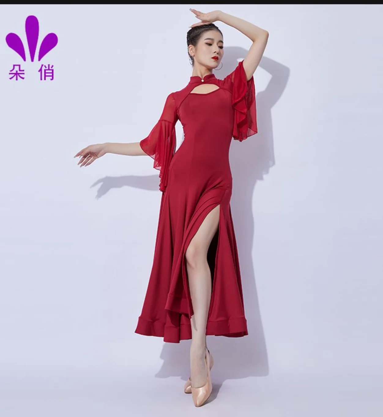 

1pcs/lot woman fashion ballroom dance solid dress butterfly sleeve pleated waltz dance dress