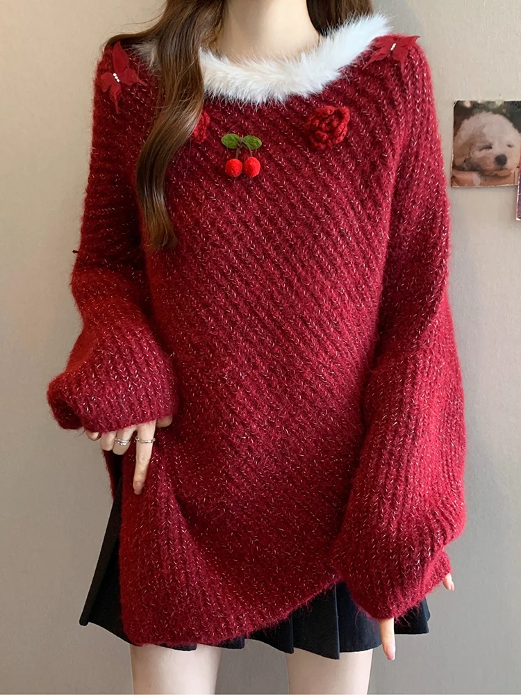 Winter Christmas Red Haired Collar Bat Sleeve Sweater Women's Irregular Hemp Design Knitted Sweater High End Pullover Top