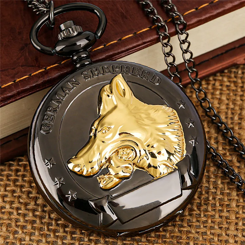 Retro Golden German Shepherd Dog Animal Design Men Women Quartz Analog Pocket Watch Roman Number Pendant Chain Timepiece Clock