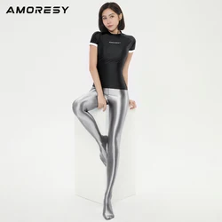 AMORESY Electra series black half sleeve glossy silky elastic bottomed tight white cuff T-shirt