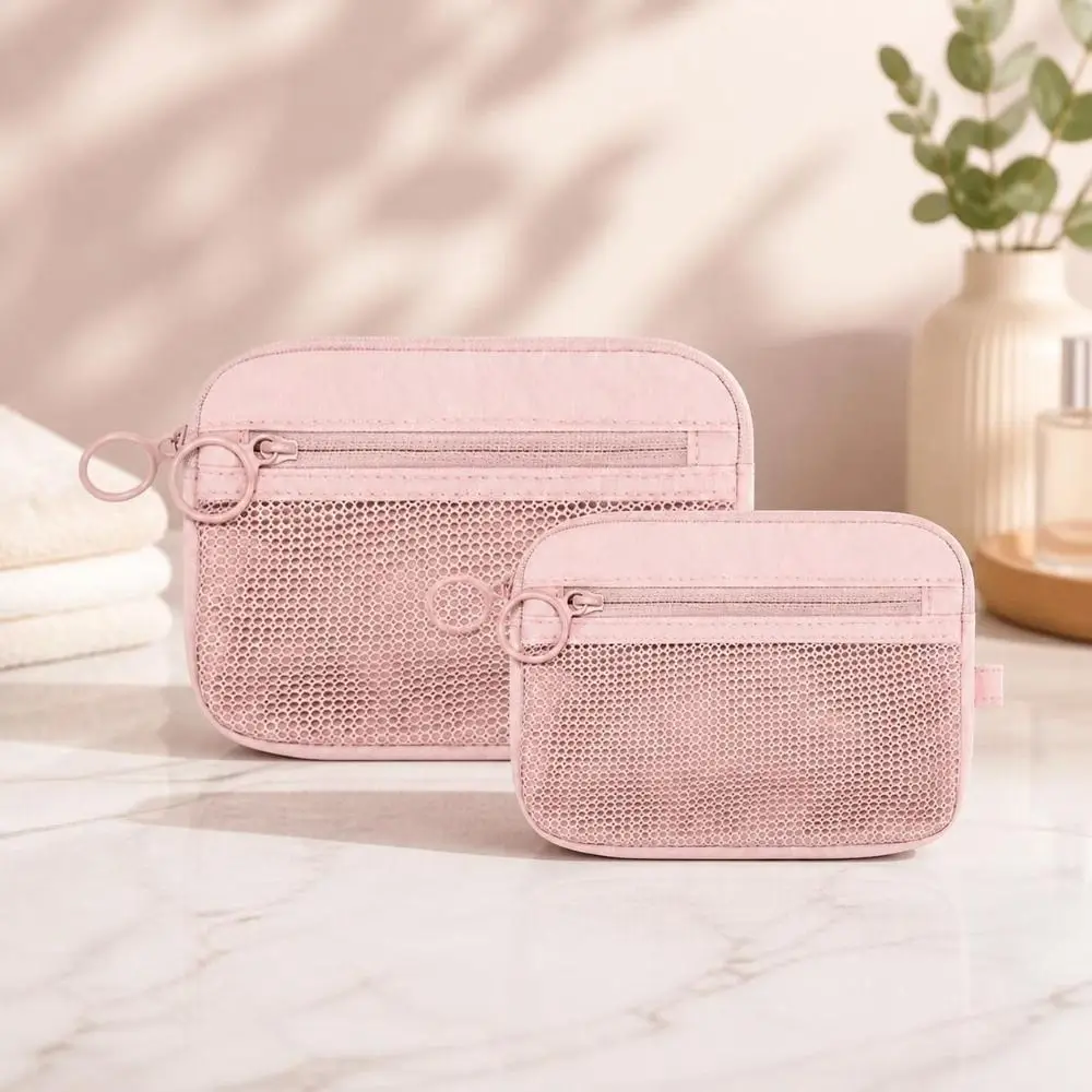 New Nylon Travel Organizer Double Layer with Zipper Mesh Storage Pouch Portable Pink Cosmetic Bag for Keys,Cards,Earphones