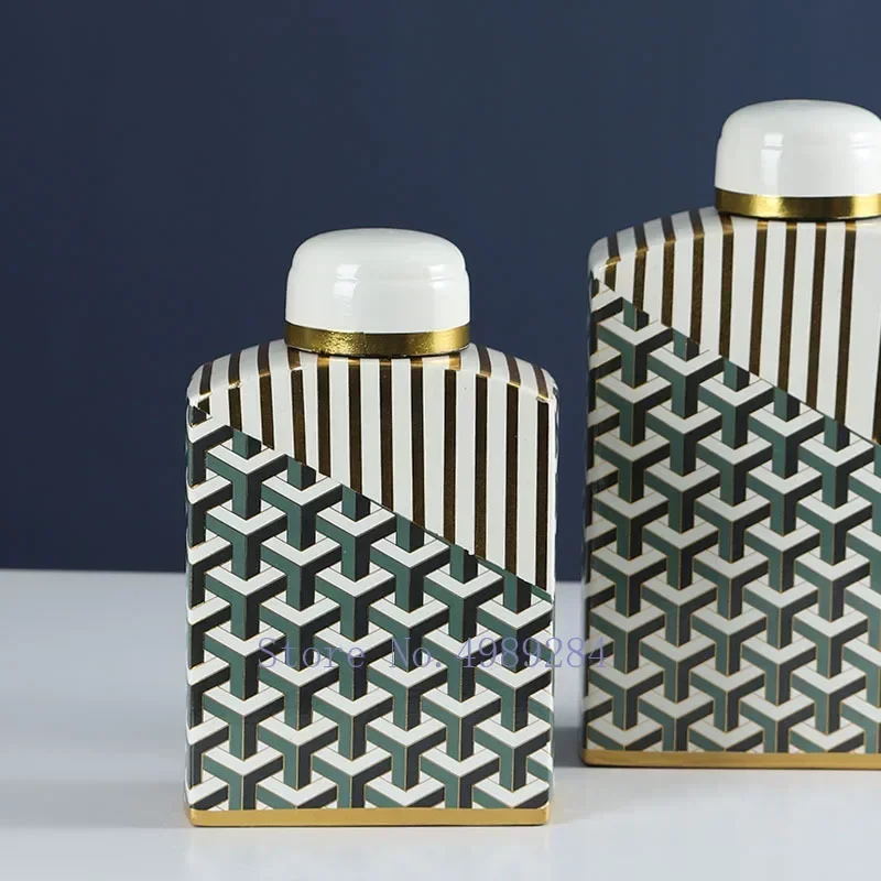 2026 Unique Ceramic Jar Square With Cover Vase Geometry Handicraft Furnishings Golden Retro Ceramic Decorative Jar Home Decorati