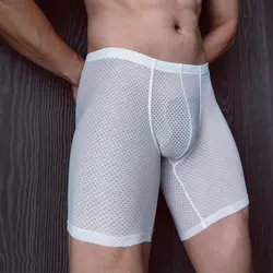 Calcinha Boxer Sexy Mesh para homens, cueca de perna longa, bolsa convexa masculina em U, calcinha respirável, fitness alongar calças curtas