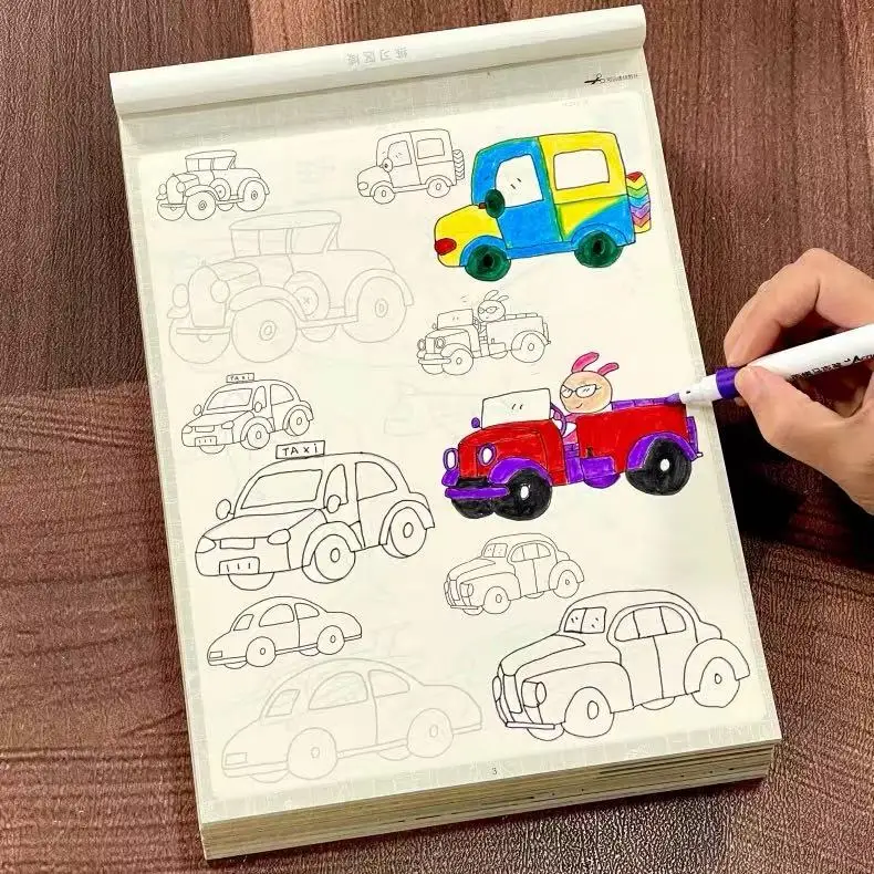 72-Page Cute Transport Drawing Workbook Cartoon Car Bus Helicopter Line Tracing Sketch Toddler Beginner Simple Art Practice Book