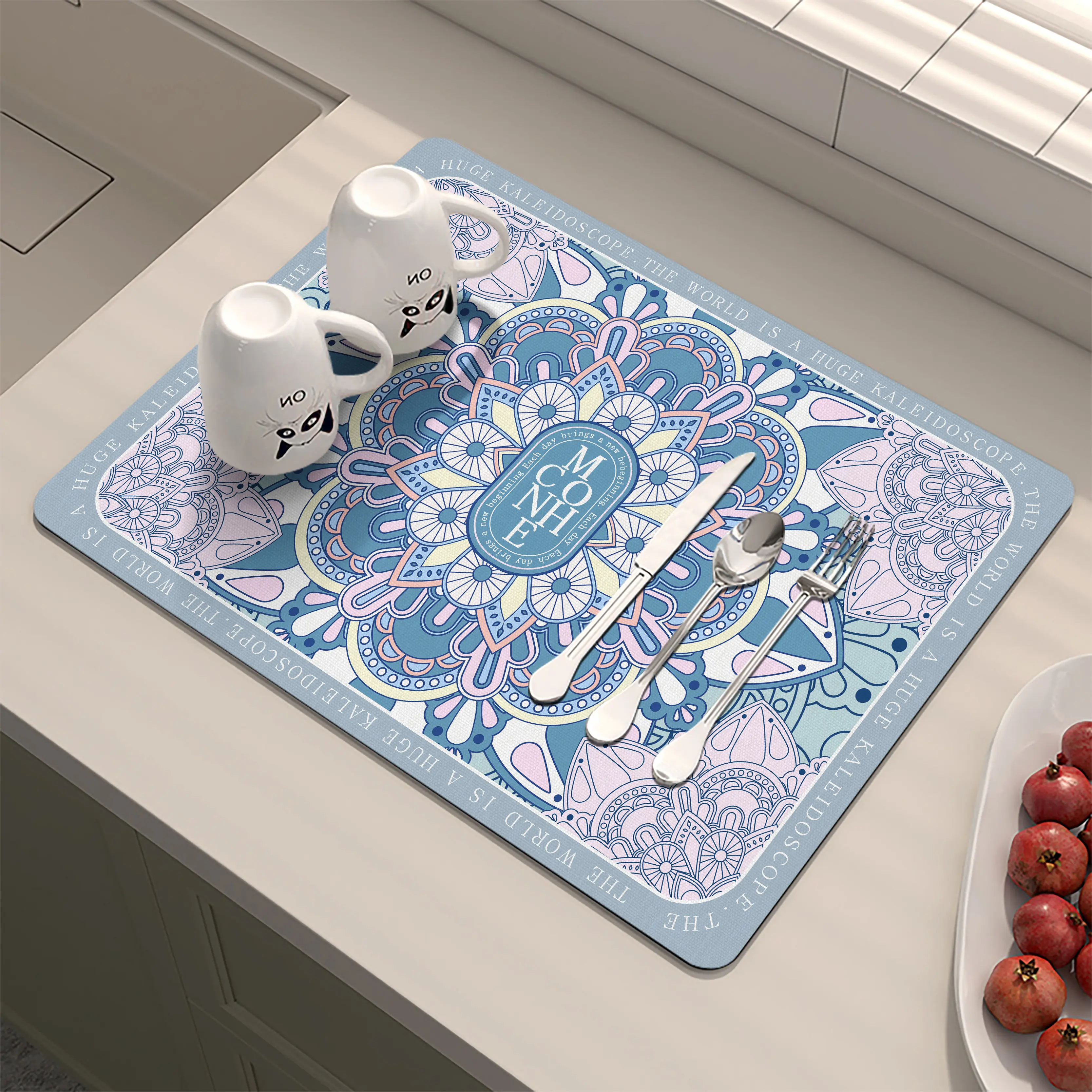 VIKAMA Retro Moroccan Tile Drying Mat Floral Border Print Non Slip Heat Resistant Pad For Coffee Kitchen Dining Countertop