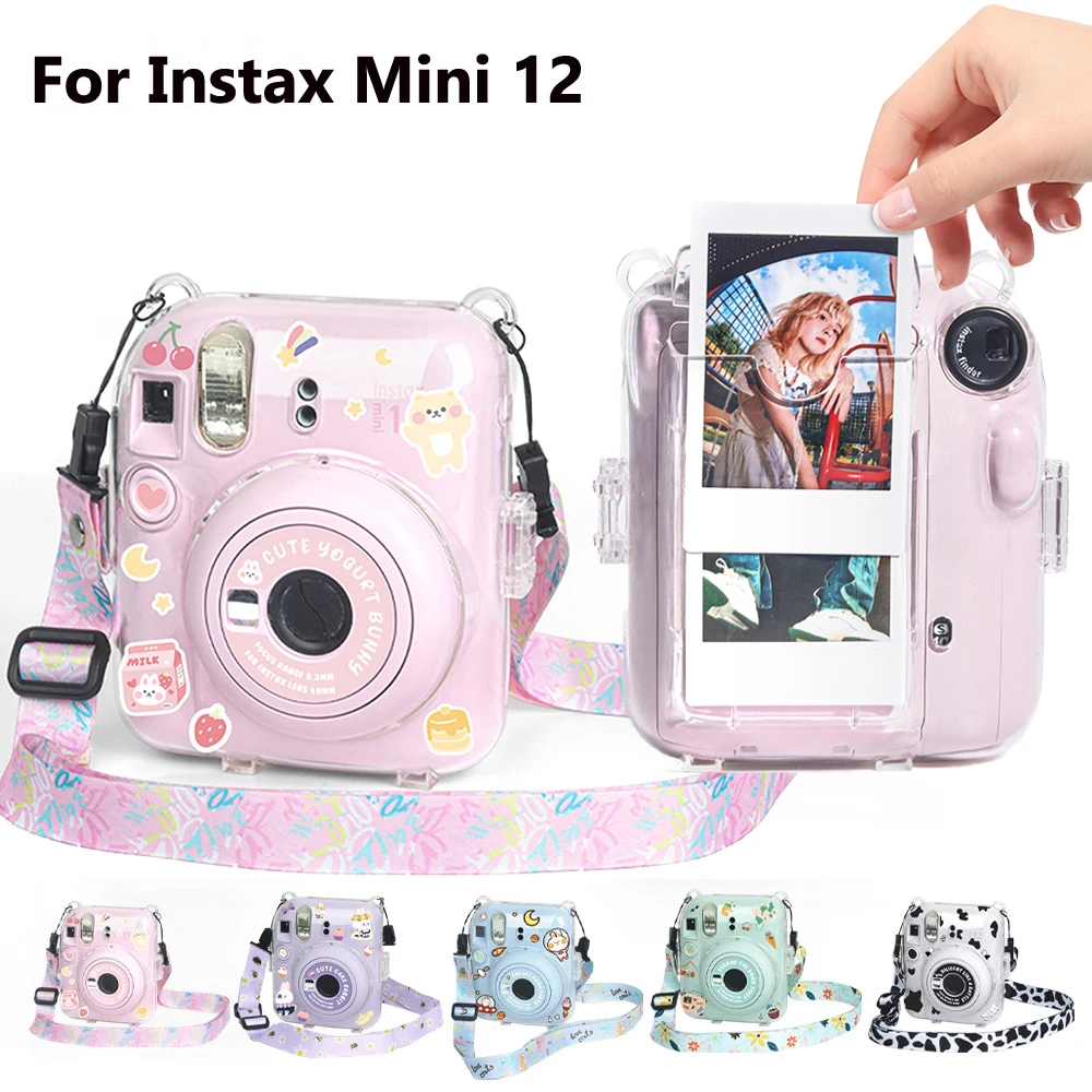 Funda de plástico transparente para cámara Fujifilm Instax Mini 12, funda protectora para cámara, bolsa para fotos, Correa y pegatinas