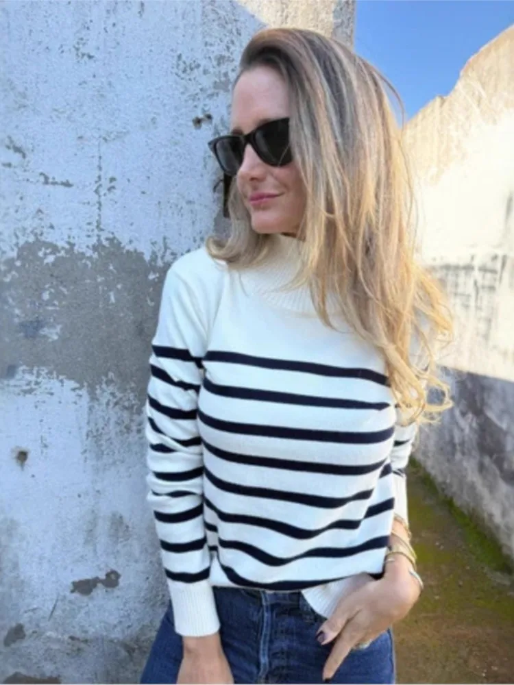 

Autumn Winter New Knitted Striped Loose Sweater Women's High Collar Overhead Shoulder Button Sweater Female Fashion Pullover